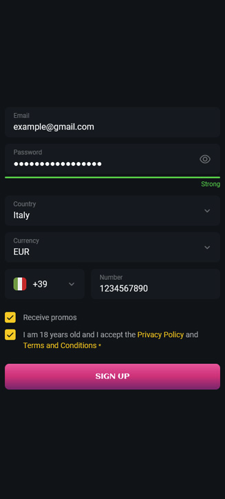 Processo di registrazione di Spinsup su smartphone
